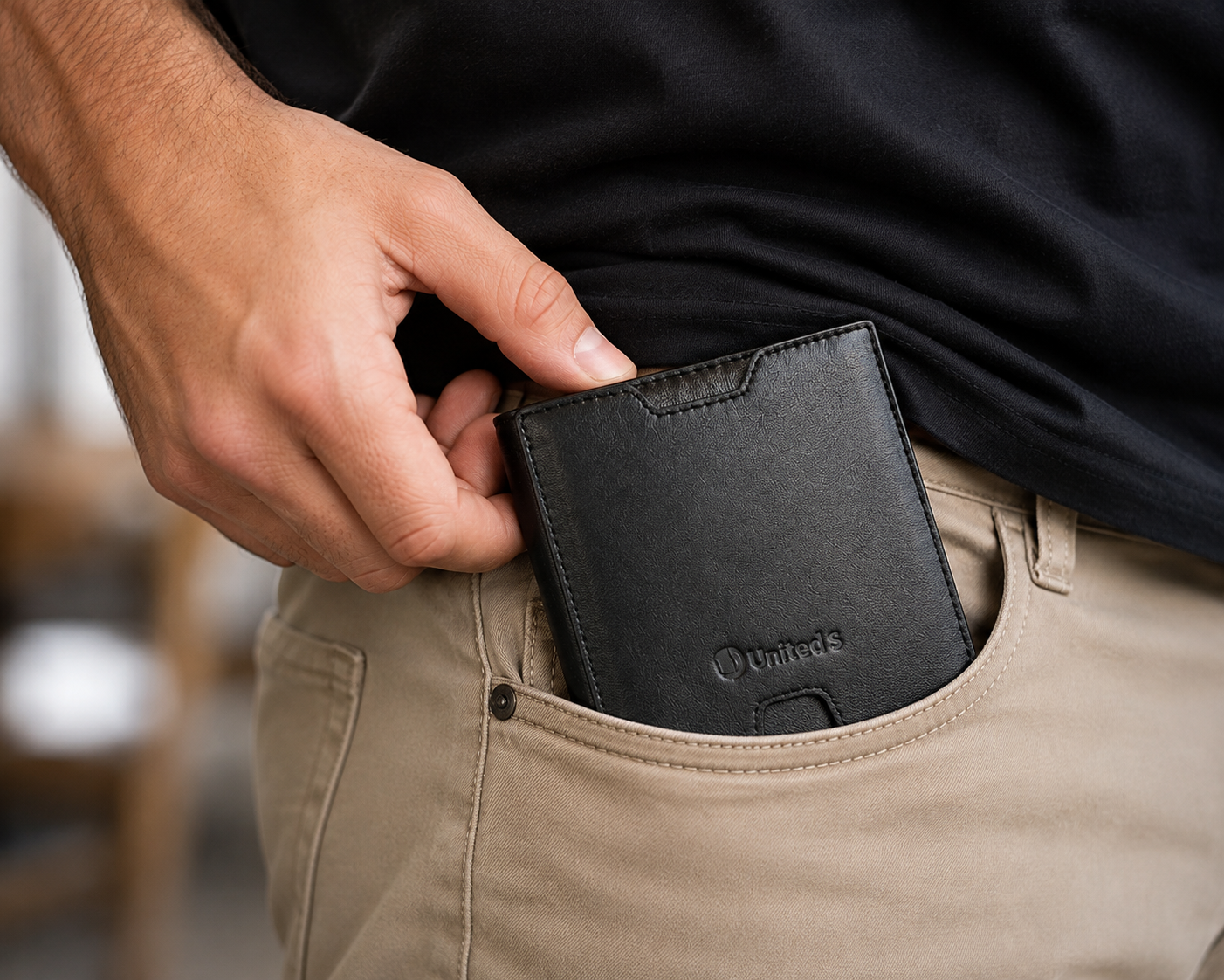 United S wallet shown being carried in a front pocket