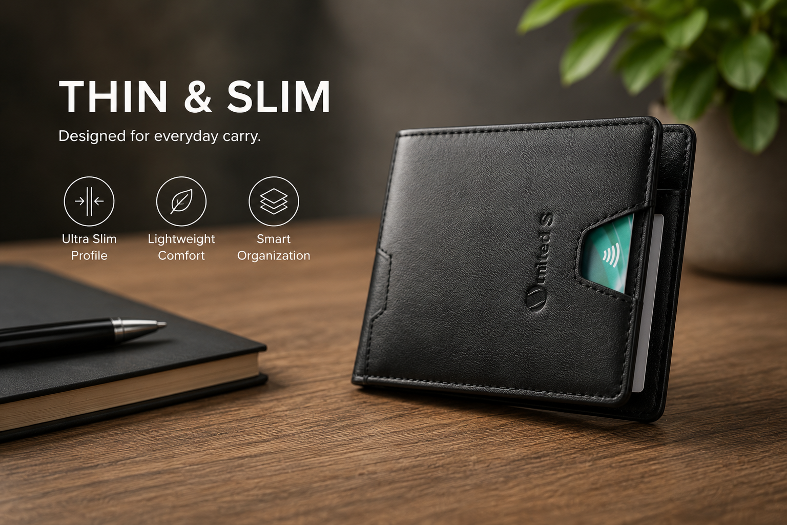 United S slim black wallet displayed on a desk